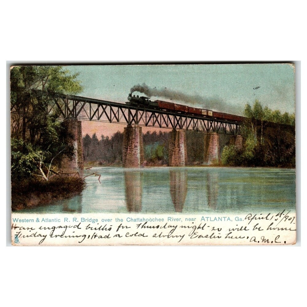 1907 W&A RR Bridge Chattahoochee River Atlanta GA Train Postcard Tuck